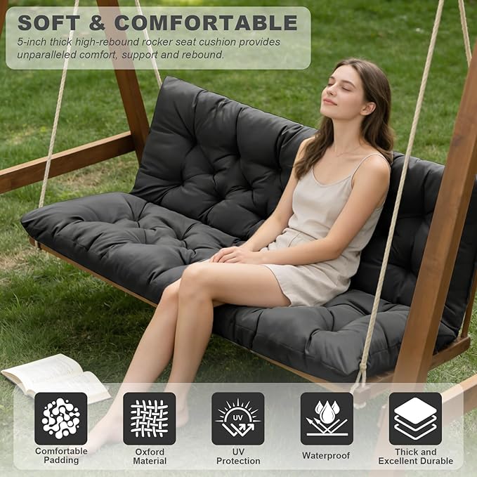 Porch Swing Cushions,Outdoor Cushions 3 Seater Replacement with Backrest, Waterproof Thickened Bench Cushion with Ties for Porch, Patio,Outdoor, Backyard and Garden (Black 60 * 40 in)