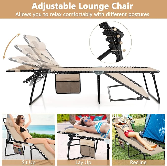 Giantex Patio Lounge Chairs for Outside - Folding Tanning Chair w/Headrest, 4 Adjustable Positions, Side Pocket, Outdoor Chaise Lounge for Camping, Pool, Sunbathing Beach Chair, Beige
