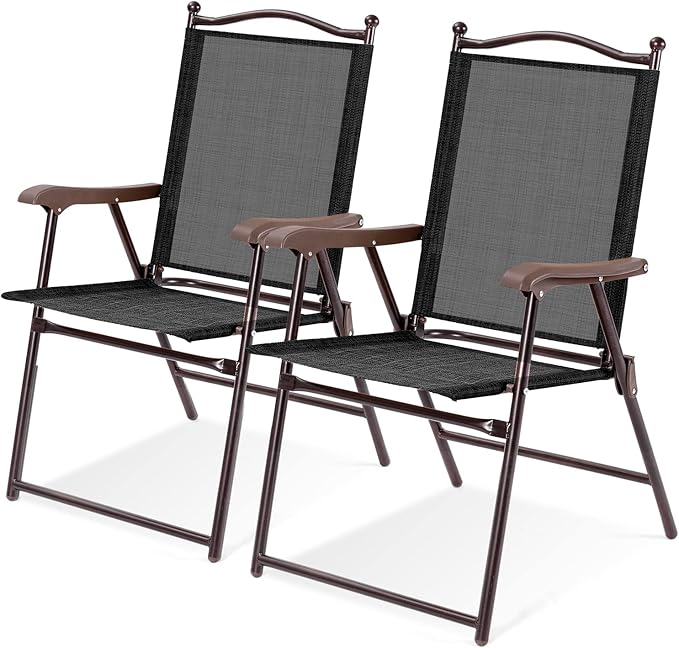 Tangkula Set of 2 Patio Folding Dining Chairs, Outdoor Sling Lawn Chairs with Armrests, Steel Frame, Portable Camping Lounge Chairs for Backyard, Deck, Poolside and Garden, No Assembly (1, Black)
