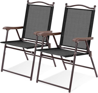 Tangkula Set of 2 Patio Folding Dining Chairs, Outdoor Sling Lawn Chairs with Armrests, Steel Frame, Portable Camping Lounge Chairs for Backyard, Deck, Poolside and Garden, No Assembly (1, Black)