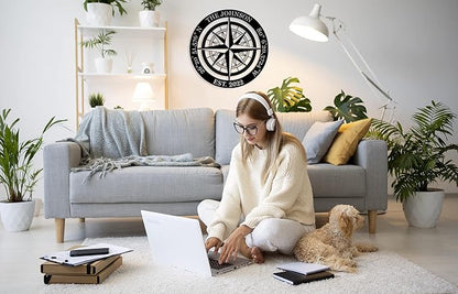Nautical Wall Decor, Nautical Compass GPS Coordinates Metal Sign with Last Name Date, Metal Compass Decor, Personalized Outdoor Family Name Sign, Housewarming Gift