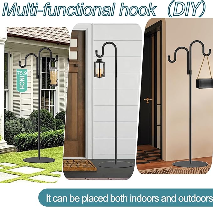 2 Set Shepherd's Hook Stand Plant，Bird Feeder，Wind Chime Hanger Stand, Waterproof Metal & Adjustable-Height Standing Pole Holder for Lantern and Wreath, Indoor & Outdoor