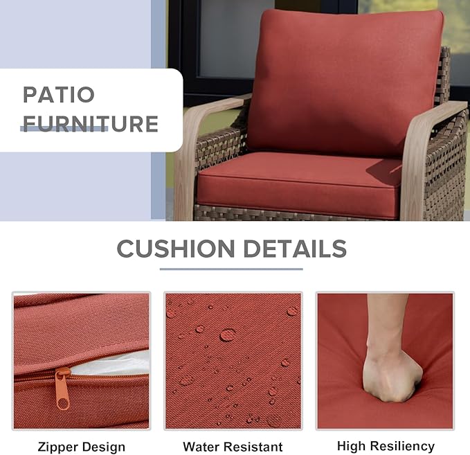 COOS BAY Modern Wicker Outdoor Furniture Set, Patio Conversation Set with Patio Chairs, 2 Seat Loveseat, Ottomans, and Coffee Table, 6 Piece, Brown/Red