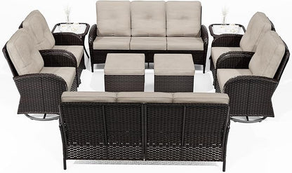 Joyside 10 Piece Patio Furniture Set, Outdoor Wicker Conversation Sets with Swivel Rocker Chairs and Sofa, Thick Cushion, Rattan Patio Sectional for Porch, Deck Use (Brown/Beige, 10 PCS)