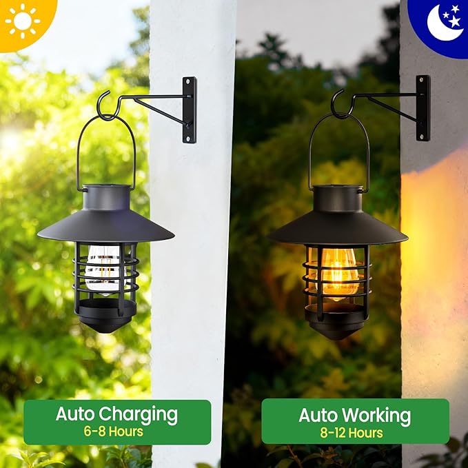 2 Pack Solar Lanterns Outdoor, Waterproof Hanging Solar Lights with Wall Mount Kit, Plastic Lanterns Solar Powered for Garden Decor, Patios, Trees, Front Porch, Gifts for Women Mom