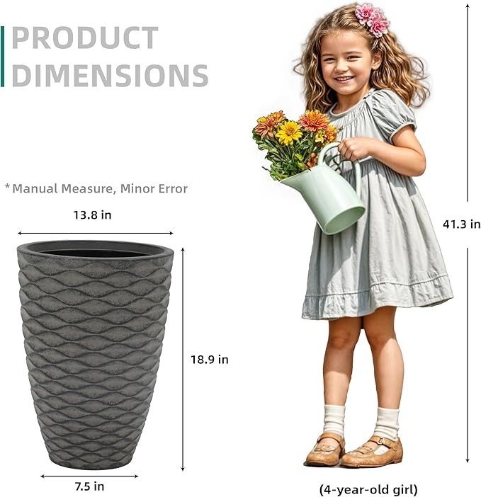 19" H Coastal Planter for Indoor/Outdoor Plants, Set of 2 Large Flower Pot with Drainage Hole, Weather-Resistant Resin Planters for Garden Patio Porch Home Office Decor, Rustic Black Wavy