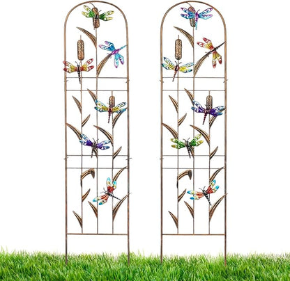 LEWIS&WAYNE 2 Pack Metal Garden Trellis with Colorful Dragonfly 60 Inch High Outdoor Decoration Arched Fence Trellis for Climbing Plants for Patio, Lawn, Yard, Backyard, Wall Brackets