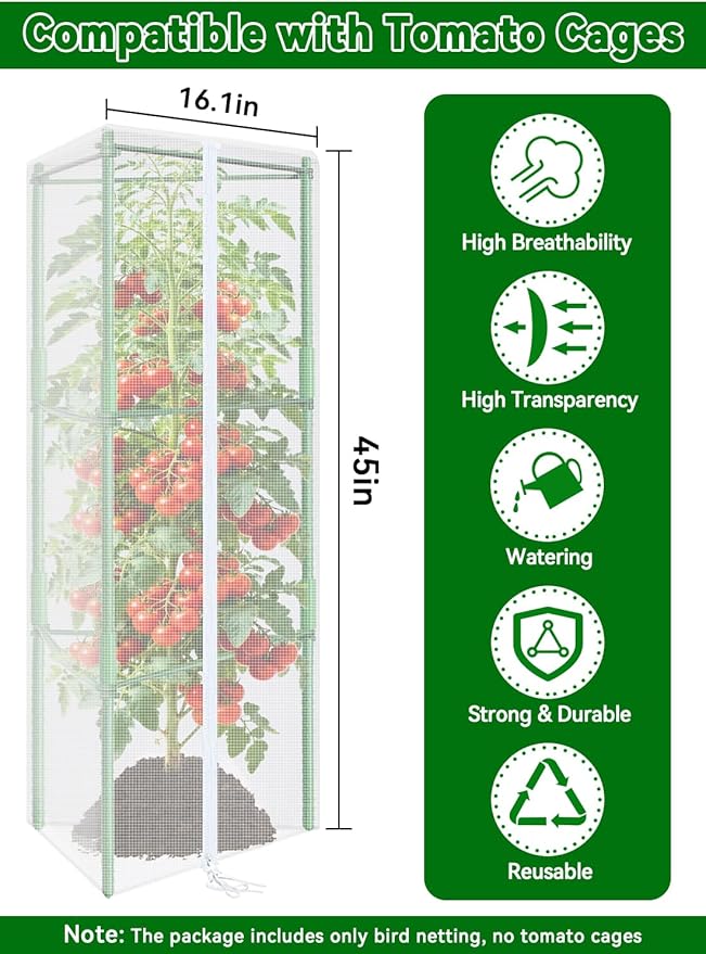 ZeeDix 45" x 16.1" Garden Bird Netting for Triangle Tomato Cage, 2 Pack Garden Mesh Barrier, Plant Covers Protect Tomatoes, Vegetables, Blueberry Bush from Birds & Pests