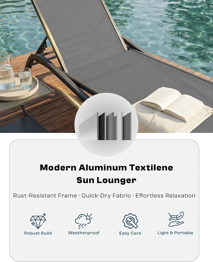 3-Piece Patio Chaise Lounge Set with Side Table, Set of 2 Adjustable Pool Chairs and Aluminum Bistro Table, All-Weather Outdoor Furniture for Pool Deck, Patio & Tanning, Grey