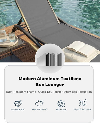 3-Piece Patio Chaise Lounge Set with Side Table, Set of 2 Adjustable Pool Chairs and Aluminum Bistro Table, All-Weather Outdoor Furniture for Pool Deck, Patio & Tanning, Grey