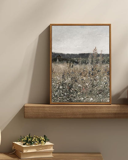 InSimSea Framed Canvas Prints Art Vintage Decor, Wildflower Field Meadow with Flowers Painting, Rustic Landscape Wall Art for Living Room Bedroom Home Bathroom Wall Decor, 12x16inch