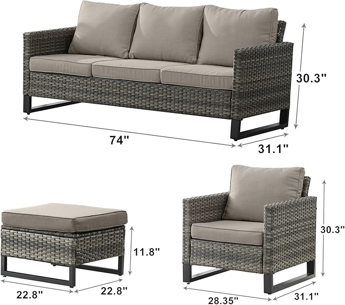 Rilyson Wicker Outdoor Patio Furniture Set - 5 Piece Patio Conversation Set with 2 Wicker Armrest Chairs,2 Rattan Ottoman and 1 Couch for Outside Porch Deck Backyard Garden(Mixed Grey/Grey)