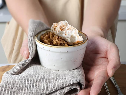 ONEMORE Ramekins 6 oz Oven Safe, Ceramic Souffle Dishes with Brown Rim, Speckled Baking Cups for Creme Brulee Pudding Custard Ice Cream Charcuterie Board Mini Bowls Set of 6 - Creamy White