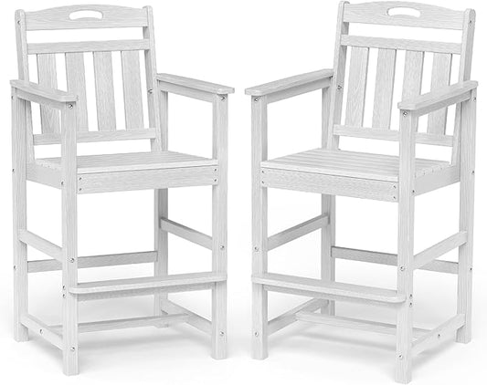 Ciokea Oversized Tall Bar Chairs Set of 2, HDPE Adirondack Outdoor Bar Chairs with Footrest, All-Weather Barstools with High Back for Balcony, Bistro, Porch, Deck, Pool, Backyard, White