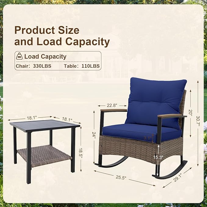 EAGLE PEAK 3 Piece Mojave Dusk Outdoor Conversation Set, Patio Wicker Furniture, 2 Rocking Chairs and Side Table, Light Brown/Blue