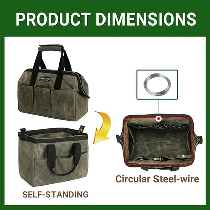 15 Inch Tool Bag, Heavy Duty Wide Mouth Water-Resistant Tool Bag, Tool Tote with Handle for Tools, Wrenches, Screwdrivers (15 X 7.8 X 11.5 inch) | ArmyGreen