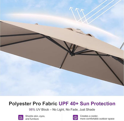 PURPLE LEAF 8' X 8' Swivel Outdoor Patio Aluminum Umbrella with Base Left-right Tilting Cantilever Offset Umbrella with UV Resistant Heavy Duty Fabric for Deck Pool Patio Backyard, Sand Dune