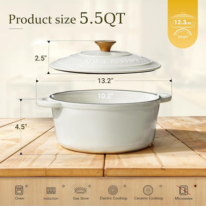 Overmont Enameled Cast Iron Dutch Oven - 5.5QT Pot with Lid Cookbook & Cotton Potholders - Heavy-Duty Cookware for Braising, Stews, Roasting, Sourdough Baking Pearl White