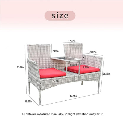 Outdoor Wicker Loveseat with Built-in Coffee Table, Patio Rattan Chair Conversation Set with Soft Cushions & Free Dust Cover for Lawn, Garden, Backyard (Grey Wicker & Red Cushions)