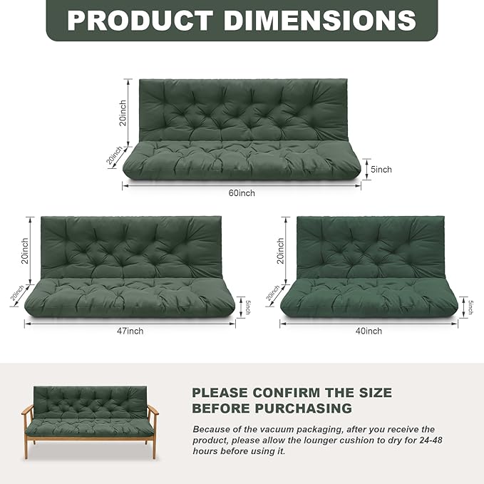 Porch Swing Cushions,Outdoor Cushions 3 Seater Replacement with Backrest, Waterproof Thickened Bench Cushion with Ties for Porch, Patio,Outdoor, Backyard and Garden (Dark Green 40 * 40 in)