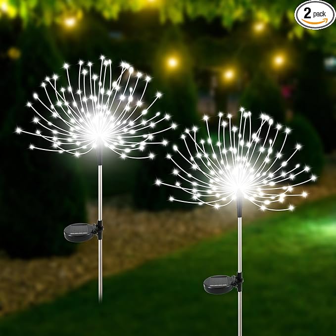 Slyuexu Solar Garden Lights Outdoor Waterproof, 2 Pack 120 LED Solar Firework Lights Decorative Garden Décor Outside for Flowerbed Pathway Party Christmas Decoration, White