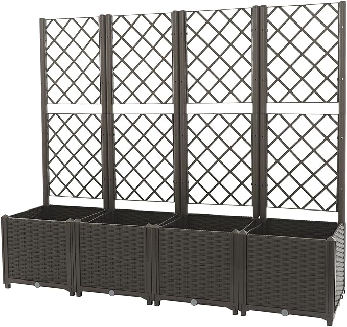 4 PCS Raised Garden Bed with Trellis, Plastic Planter Box for Climbing Plants, Outdoor Vertical Garden with Privacy Screen for Patio, Balcony, Backyard, Dark Brown