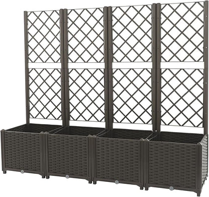 4 PCS Raised Garden Bed with Trellis, Plastic Planter Box for Climbing Plants, Outdoor Vertical Garden with Privacy Screen for Patio, Balcony, Backyard, Dark Brown