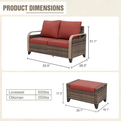 Modern Wicker Patio Furniture Set, Rattan Outdoor Conversation Set with Comfortable Cushions, 2 Seat Loveseat and 2 Ottomans, 3 Pieces, Brown/Red