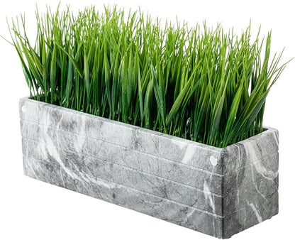 MyGift 14 Inch Artificial Green Grass Plant in Gray Marble Pattern Resin Ribbed Rectangle Planter, Faux Greenery Rectangular Cement Pot Centerpiece Home Décor