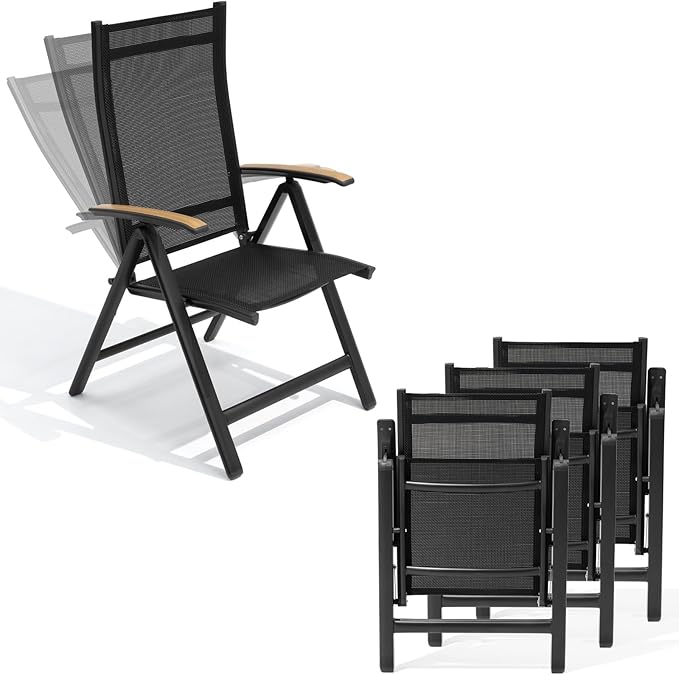 Crestlive Products Folding Patio Chairs Set of 4, 8-Level Adjustable Outdoor Recliner Chairs with Teak Armrest Aluminium Frame for Pool, Backyard, Black
