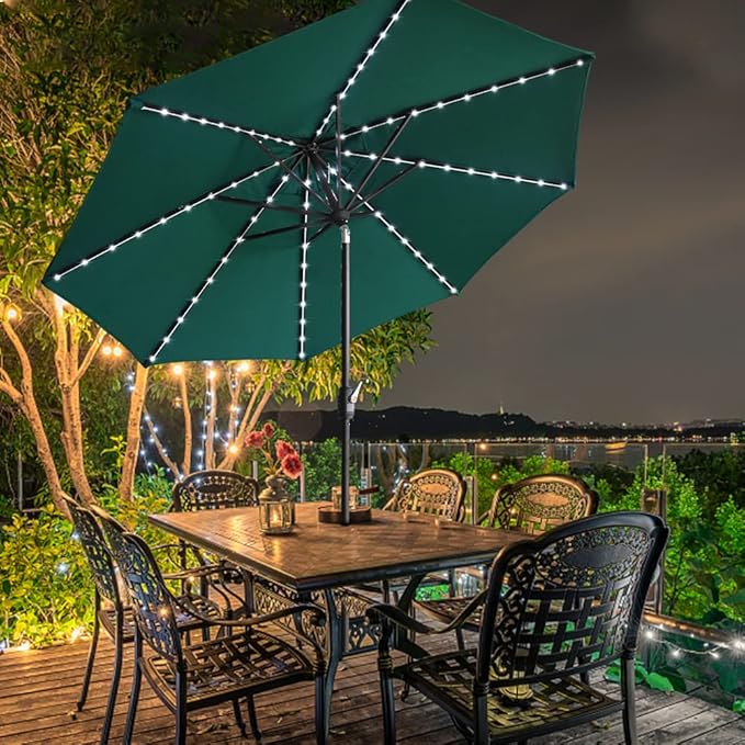 EliteShade USA 10-Year-Non-Fading Solar 9ft Market Umbrella with 80 LED Lights Patio Umbrellas Outdoor Table Umbrella with Ventilation,Forest Green