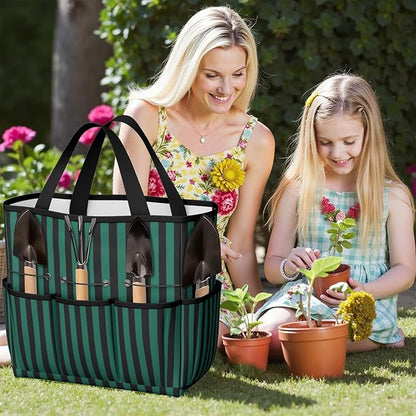 Classic Garden Tool Bag - Waterproof Green Checkered Garden Tote with 8 Pockets, Large Storage Home Organizer Gardening Tool Oxford Bag for Garden Tools Kits Holder, Gardening Gift for Women & Men