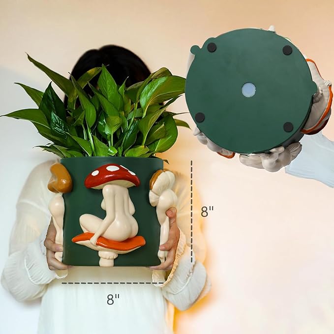 GUGUGO Mushroom Lady Body Plant Pots 8 Inch, Quirky Unique Cute Planters Boho Funky Eclectic Home Decor, Mushroom Butt Flower Pots, Indoor Planting Pot, Modern Aesthetic for Decorating, Dark Green