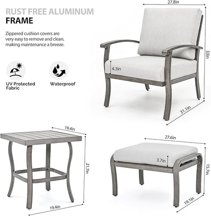 HAPPATIO 5 Piece Aluminum Outdoor Patio Furniture Set, Patio Chairs with Ottomans and Side Table, Balcony Furniture, Patio Conversation Set for Porch Garden (Gray)