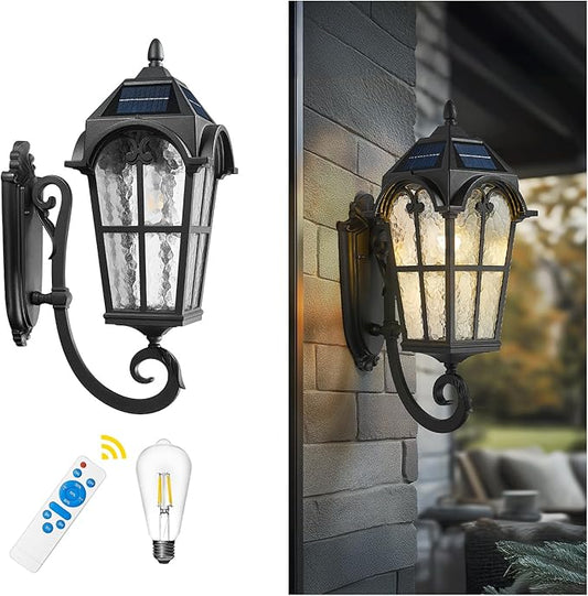 Emliviar Exterior LED Solar Wall Sconce with Remote Control, 24'' Front Door Wall Lantern with Water Grain Glass Shade, Waterproof Solar Black Wall Light with E26 Bulb, YXE302MB-SL BK