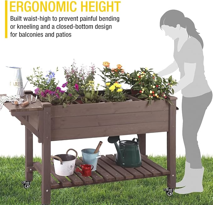 Aivituvin Raised Garden Bed on Wheels, Elevated Plant Boxes Outdoor Large with Grow Grid - with Large Storage Shelf 52.7" x 22" x 30"