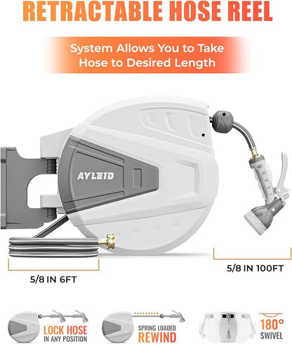 Ayleid Retractable Rubber Hybrid Garden Hose Reel, 5/8"x100ft Wall Mount | Anti-freeze, kink-free premium rubber hybrid hose, 24-month warranty, 9-pattern sprayer, any-length lock, slow auto-return.