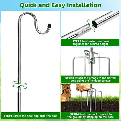 COCONUT 78 Inch Shepherds Hook for Bird Feeder, 5/8 Inch Width Heavy Duty Adjustable Outdoor Shepherd Hooks with 5-Prong Base for Lanterns Planting Hanger Weddings Decor, Silver