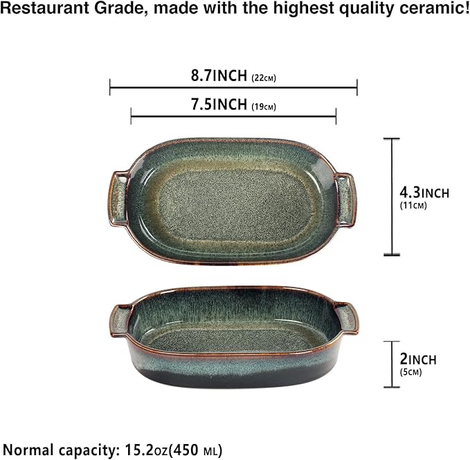 Ceramic Casserole Baking Dish - 15.2 Ounces Baking Dish for Oven, Lasagna Pans, Oven Safe Durable Bakeware for Kitchen Home Decor, Banquet and Dinner Oval 2 pieces, 7.5 x 4.3 Inch