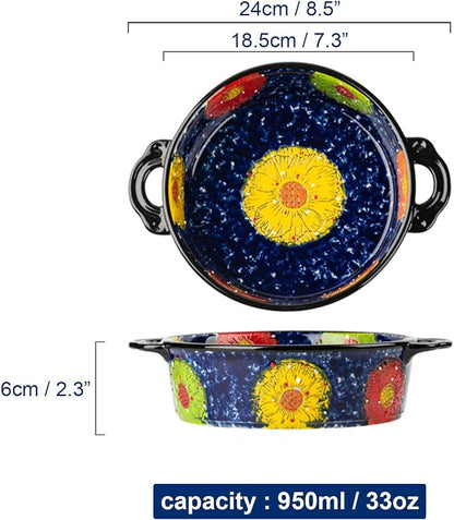 Baking Dishes For Oven, 1 Quart Round Casserole Dishes For Oven-blue and flowers-round 950ml