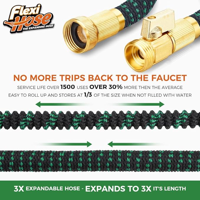 Flexi Hose with 8 Function Nozzle, 75FT - Lightweight Expandable Garden Hose, No-Kink Flexibility, 3/4 Inch Solid Brass Fittings and Double Latex Core - Black and Green