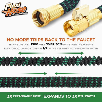 Flexi Hose with 8 Function Nozzle, 150FT - Lightweight Expandable Garden Hose, No-Kink Flexibility, 3/4 Inch Solid Brass Fittings and Double Latex Core - Black and Green