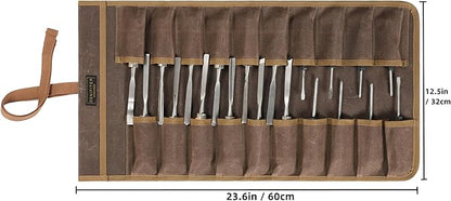 Tool Roll with 20 Slots, Heavy Duty 16oz Waxed Canvas Wrench Roll Up Organizer Bag with Straps, Multi-Purpose Tool Pouch for Metric, SAE (Grey)