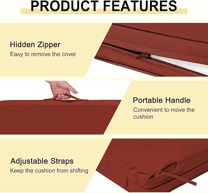 downluxe Waterproof Outdoor Chair Cushions Set of 2, 19" x 19" x 3" Patio Chair Cushion with Non-Slip Ties & Handle, Square Outdoor Cushion for Patio Furniture with Removable Cover, Orange