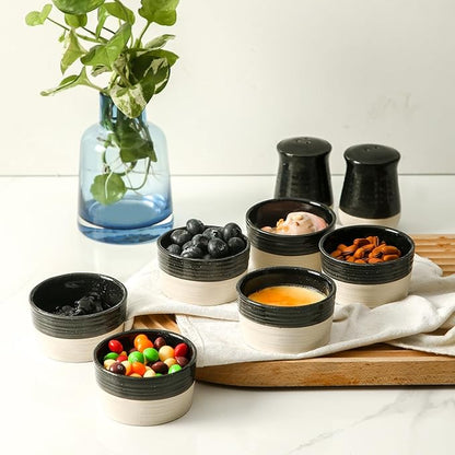 Hasense Porcelain Ramekins Set of 6, 3 Oz Oven Safe Mini Bowls, Black & Ash Gray Ramekins for Creme Brulee, Souffle, Dipping & Desserts, Farmhouse Kitchen