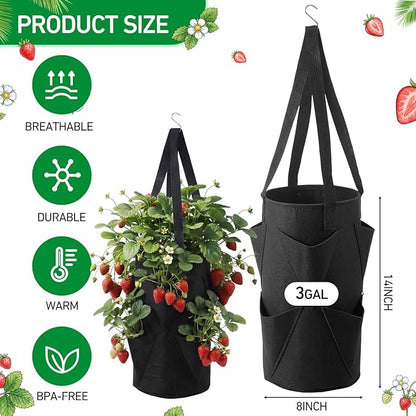 SATINIOR 10 Pack Upside Down Strawberry Planter Set Hanging Vegetables Grow Bags with 10 S Hooks, 3 Gallon Fabric Planting Bags for Easy Vertical Gardening(Black)