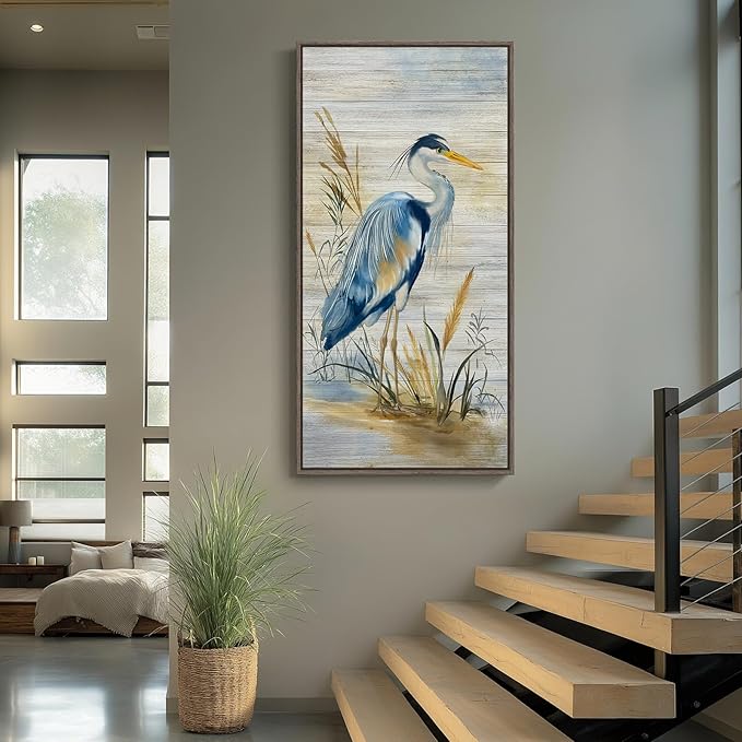 Framed Vertical Blue Heron Living Room Wall Art, Large Vintage Bird Picture Artwork for Walls, Coastal Heron Farmhouse Vertical Canvas Print for Office Kitchen Foyer Stair Hallway Wall Decor, 20x40 In