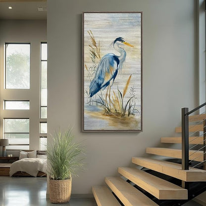 Framed Vertical Blue Heron Living Room Wall Art, Large Vintage Bird Picture Artwork for Walls, Coastal Heron Farmhouse Vertical Canvas Print for Office Kitchen Foyer Stair Hallway Wall Decor, 20x40 In