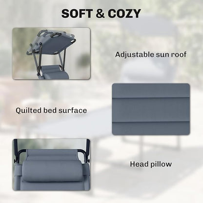 Outsunny Outdoor Lounge Chair, Adjustable Backrest Folding Chaise Lounge, Cushioned Tanning Chair with Sunshade Roof & Pillow Headrest for Beach, Camping, Hiking, Gray