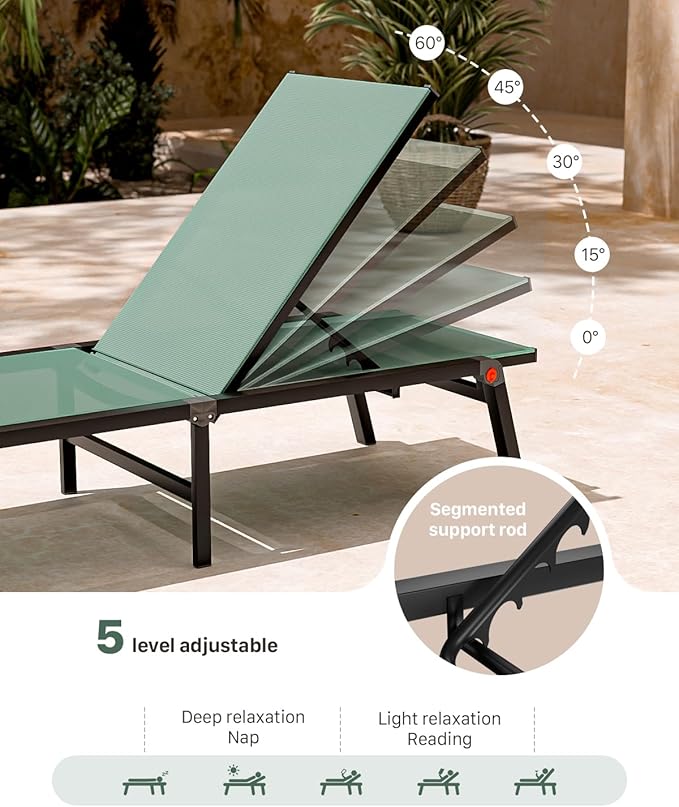Patio Lounge Chair, Aluminum Foldable 5-Position,1 Pack,Green | Lightweight rustproof aluminum. Breathable quick-dry fabric. Full flat recline for sunbathing. Poolside, deck, beach, lawn.